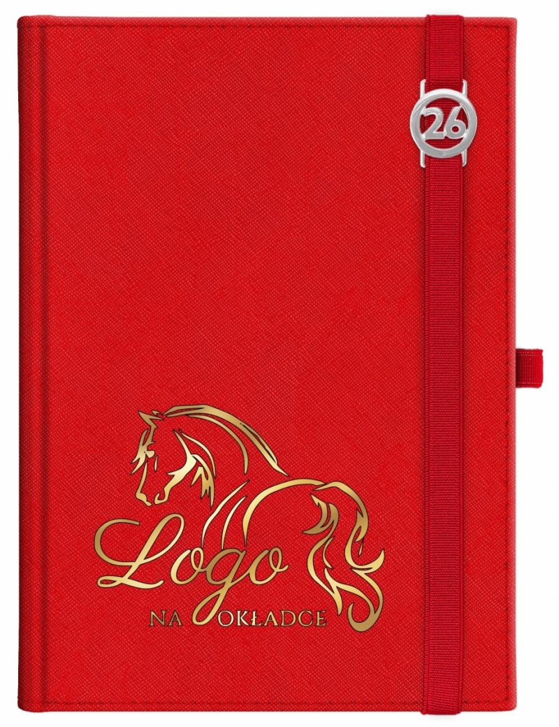 Kalendarz książkowy 2026 A4 dzienny papier chamois wycinane registry oprawa z zamykaniem na gumkę i mocowaniem na długopis ROSSA VIU czerwona Z NADRUKIEM LOGO