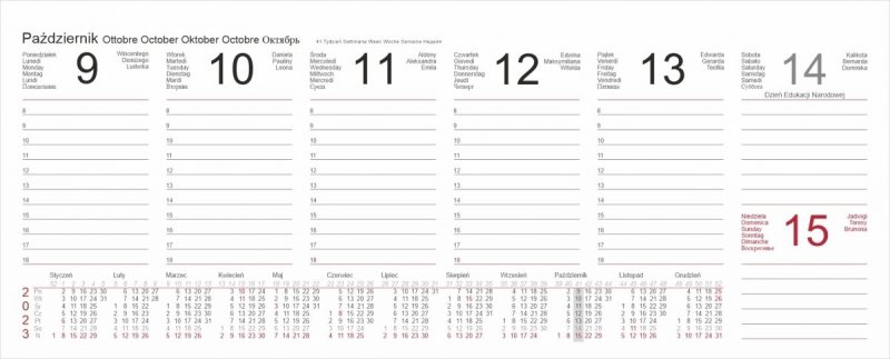 Strona z przykładowym tygodniem roku szkolnego 2023/2024 w kalendarzu biurkowym