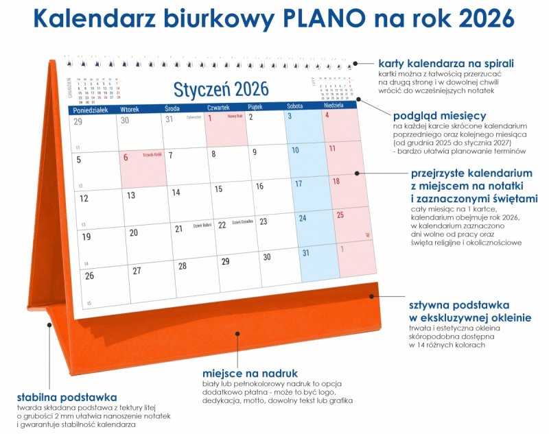 Kalendarz 2026 PLANO stojący na twardej podstawce