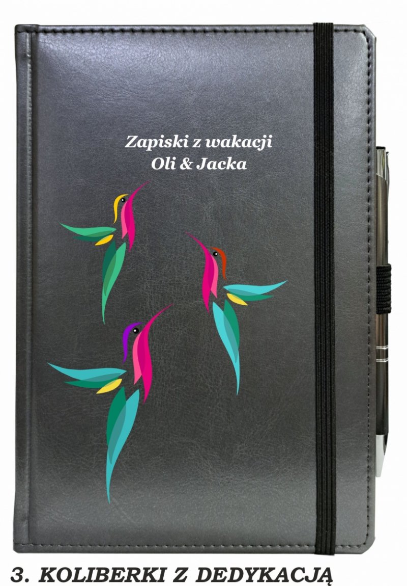 notes zamykany na gumkę z długopisem z grafiką na okładce