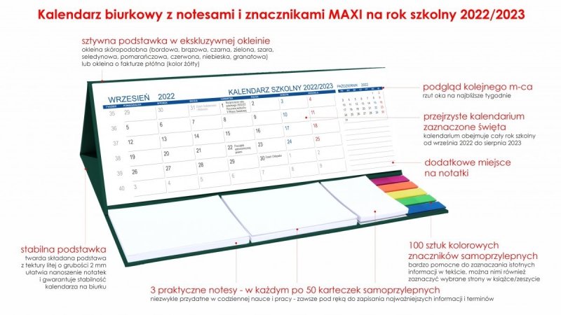 Kalendarz biurkowy z notesami i znacznikami MAXI na rok szkolny 2022/2023 - opis