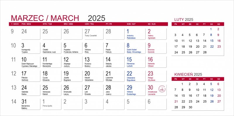 kalendarz 3-miesięczny z poprzednim i kolejnym miesiącem roku na kartce  - marzec 2025