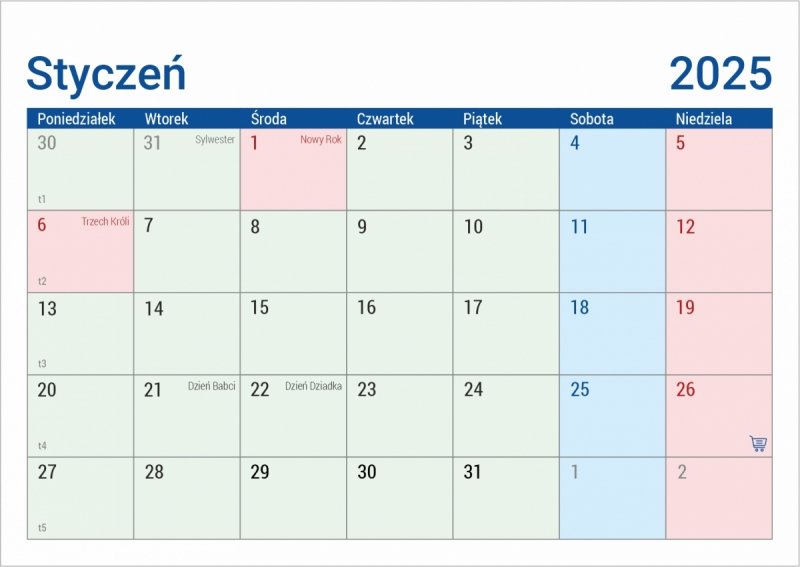 kalendarz miesięczny biurkowy na rok 2025