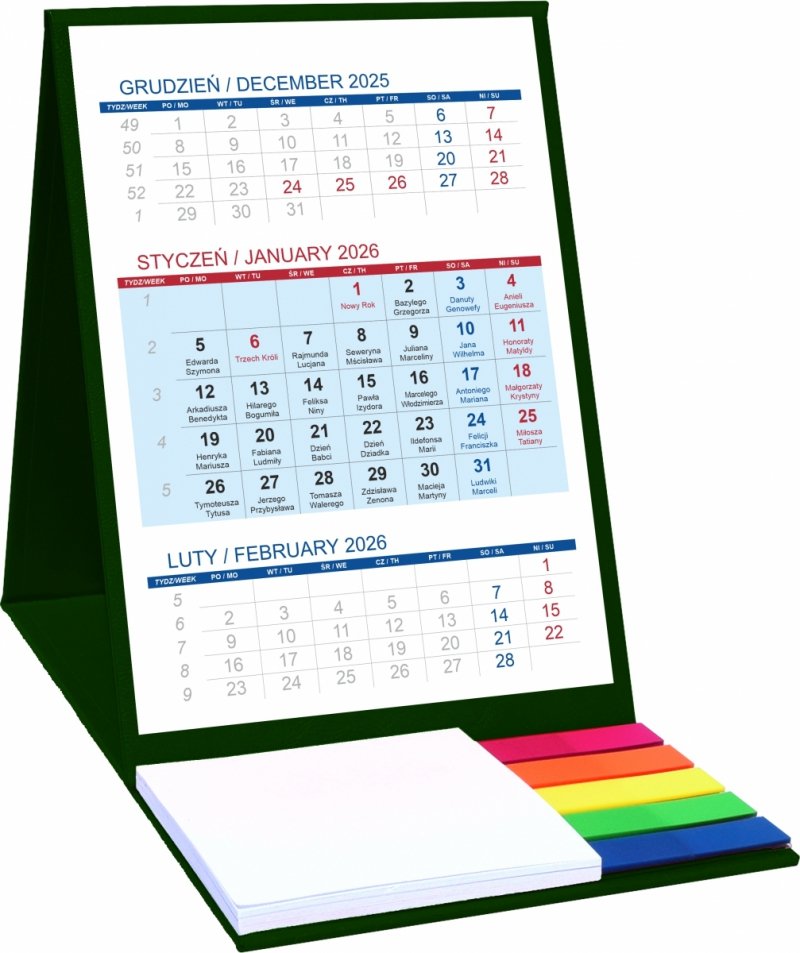 Kalendarz biurkowy z notesem i znacznikami TOP 3-miesięczny 2026 ciemnozielony