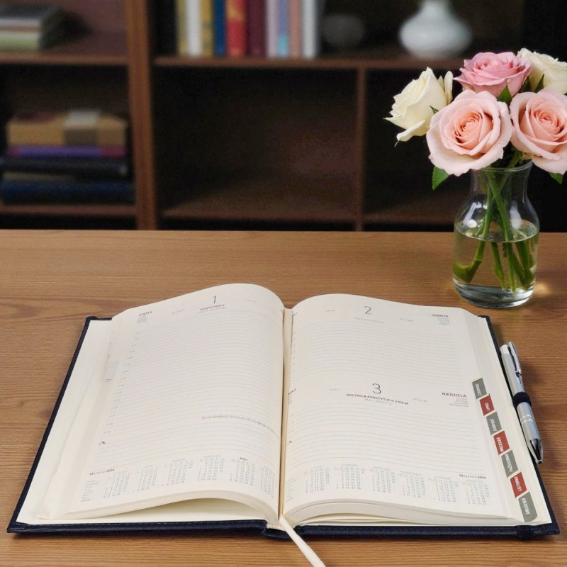 Kalendarz książkowy 2026 B5 dzienny papier chamois wycinane registry oprawa z zamykaniem na gumkę i mocowaniem na długopis ROSSA VIU szara Z NADRUKIEM LOGO