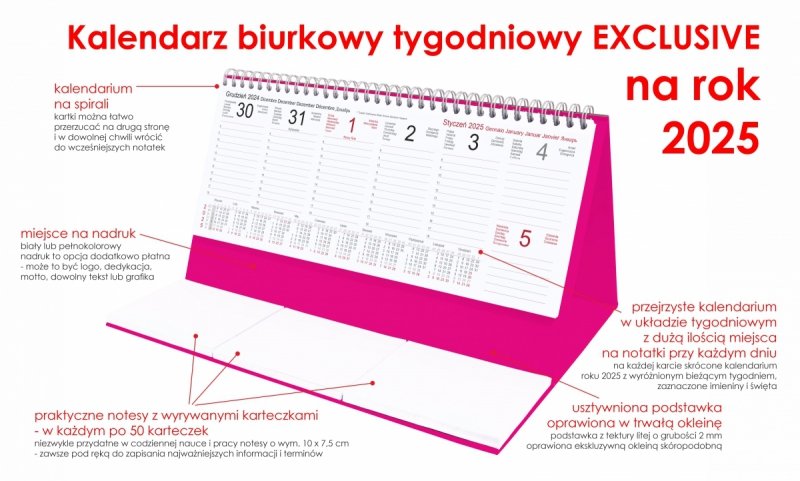 Kalendarz biurkowy stojący na podstawce - kalendarium tygodniowe na rok 2025