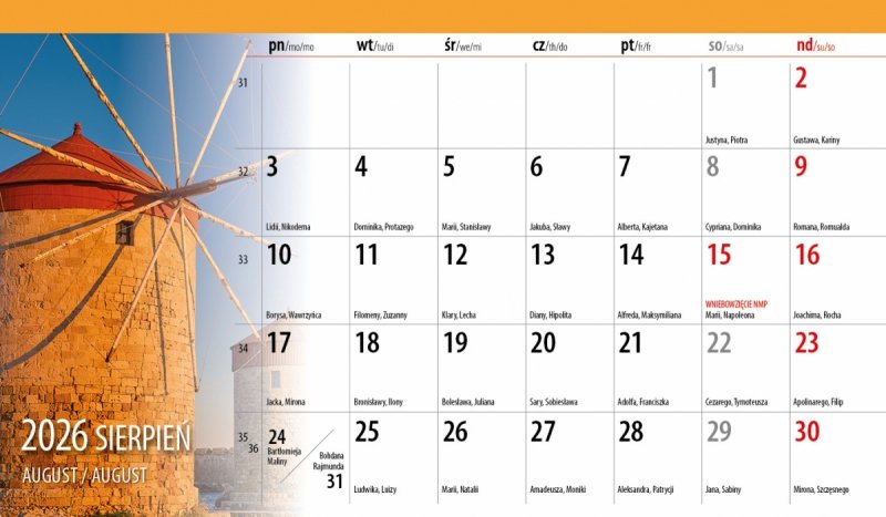 kalendarz z widokiem miesięczny na rok 2026