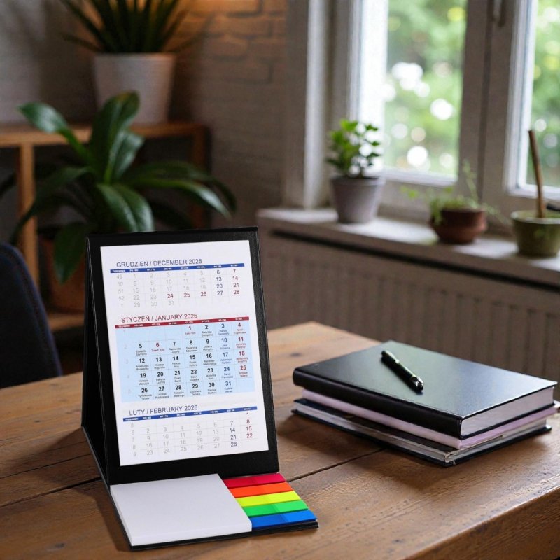 Kalendarz biurkowy z notesem i znacznikami TOP 3-miesięczny 2026 zielony