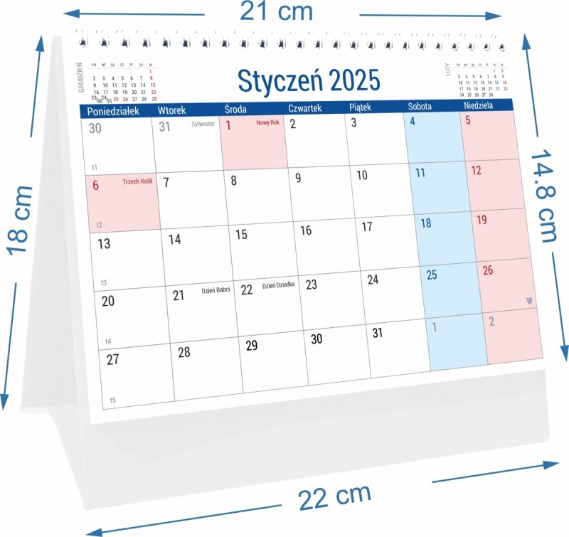 Wymiary kalendarza biurkowego PLANO na rok 2025