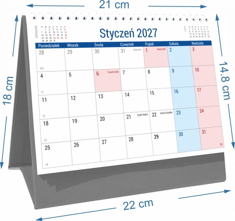 Wymiary kalendarza biurkowego PLANO na rok 2027