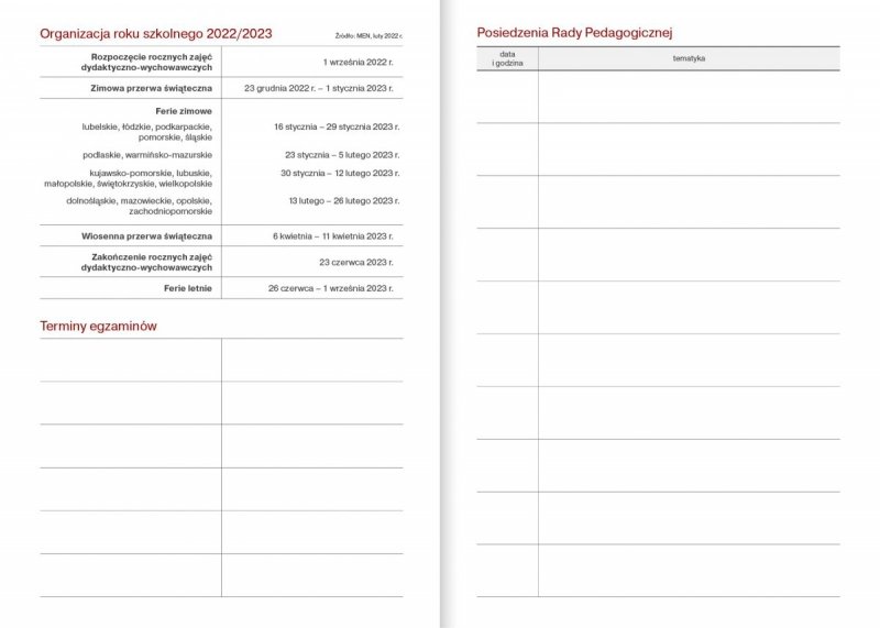 kalendarz nauczyciela na rok szkolny 2022/2023 z tabelami dla nauczycieli