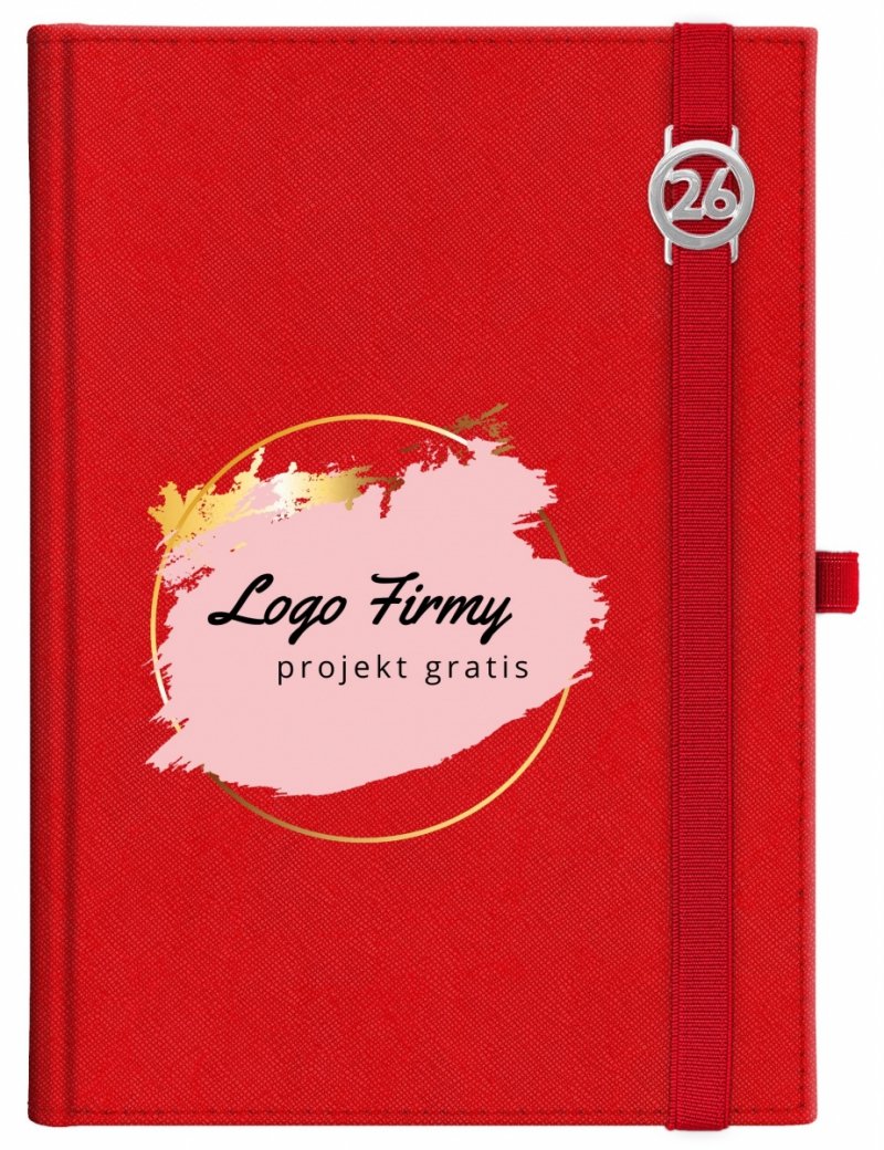 Kalendarz książkowy 2026 B5 dzienny papier chamois wycinane registry oprawa z zamykaniem na gumkę i mocowaniem na długopis ROSSA VIU czerwona Z NADRUKIEM LOGO