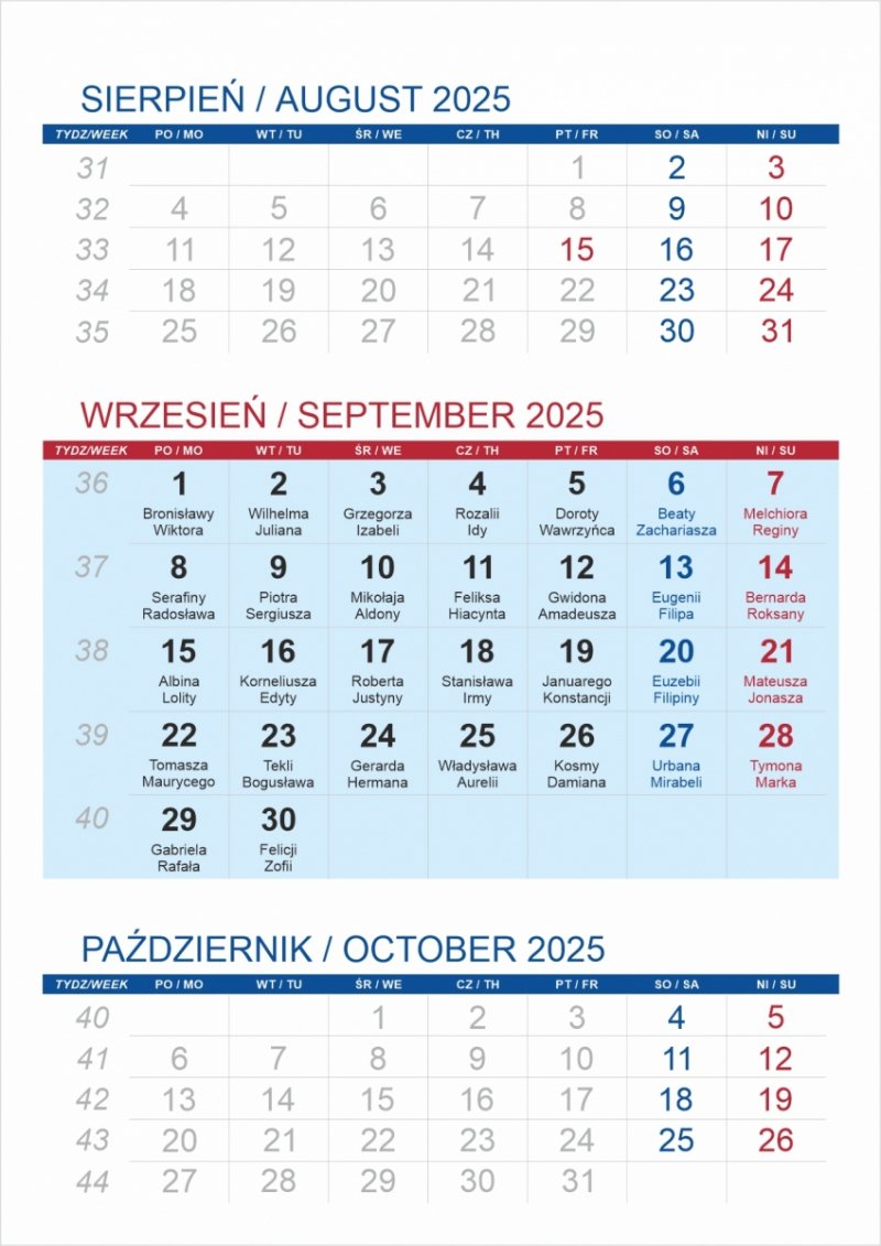 kalendarz biurkowy pionowy 3-miesieczny na rok 2025