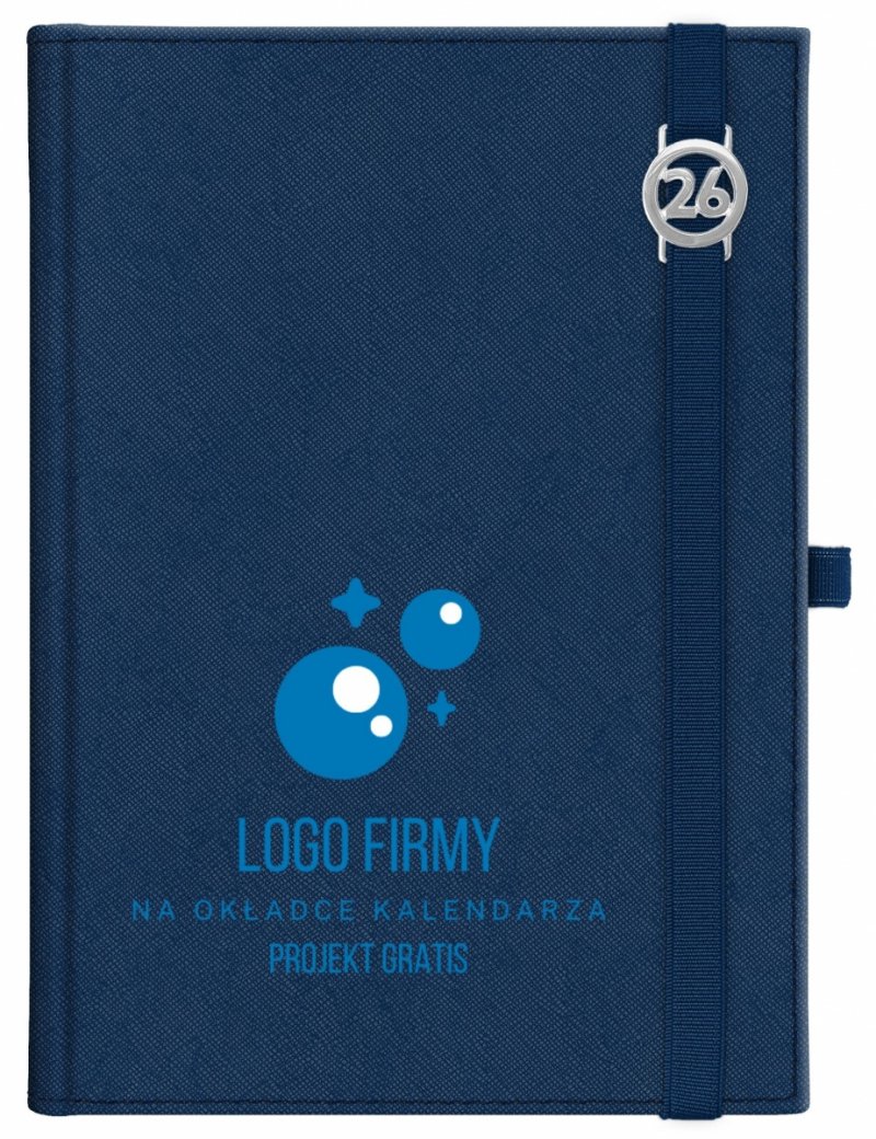 Kalendarz książkowy 2026 A5 dzienny papier chamois wycinane registry oprawa z zamykaniem na gumkę i mocowaniem na długopis ROSSA VIU granatowa Z NADRUKIEM LOGO