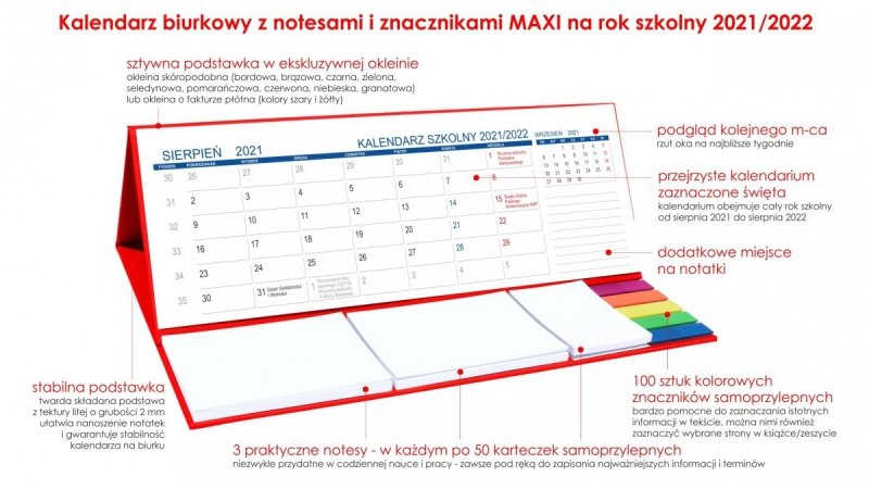 Kalendarz biurkowy z notesami i znacznikami MAXI na rok szkolny 2021/2022 czerwony