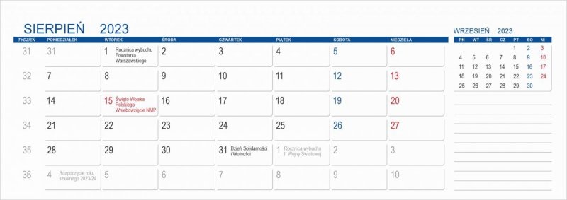 Kalendarz na biurko z kalendarium na rok szkolny 2023/24