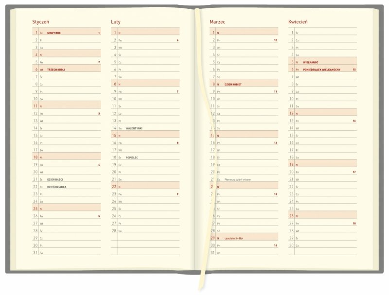 kalendarz A5 na rok 2026 w układzie dziennym, papier w kolorze chamois