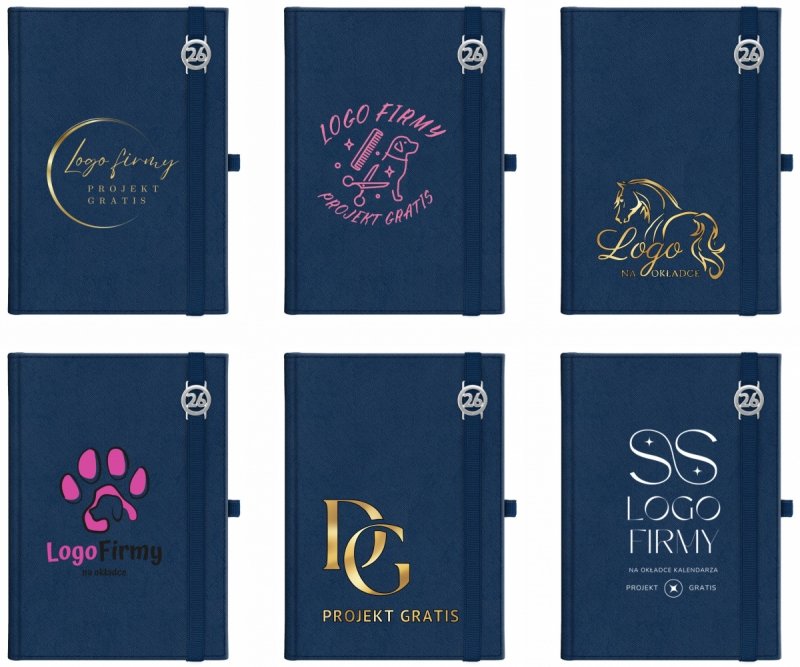 Kalendarz książkowy 2026 A5 dzienny papier chamois wycinane registry oprawa z zamykaniem na gumkę i mocowaniem na długopis ROSSA VIU granatowa Z NADRUKIEM LOGO