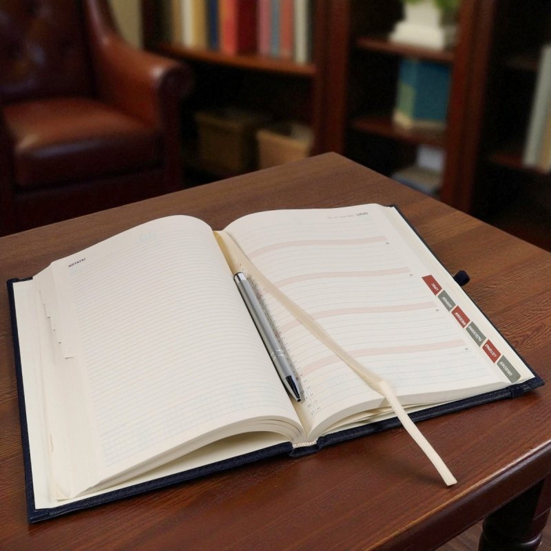 Kalendarz książkowy 2026 B5 dzienny papier chamois wycinane registry oprawa z zamykaniem na gumkę i mocowaniem na długopis ROSSA VIU czarna Z NADRUKIEM LOGO