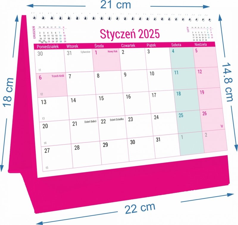Wymiary kalendarza biurkowego PLANO na rok 2025