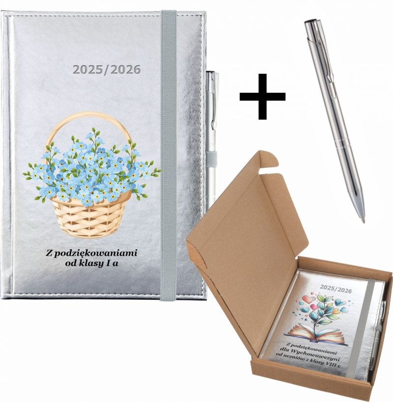 kalendarz nauczyciela z dedykacją, długopisem i ozdobnym pudełkiem na rok szkolny 2025/2026
