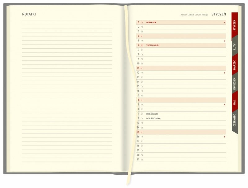 kalendarz z planerem przed każdym miesiącem z wycinanymi registrami
