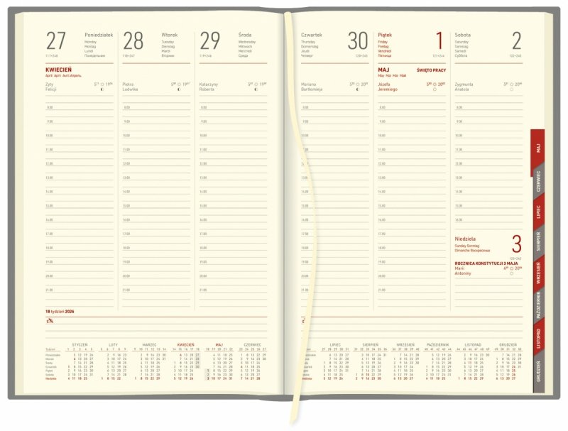 blok kalendarza B5 tygodniowego, papier chamois, wycinane registry