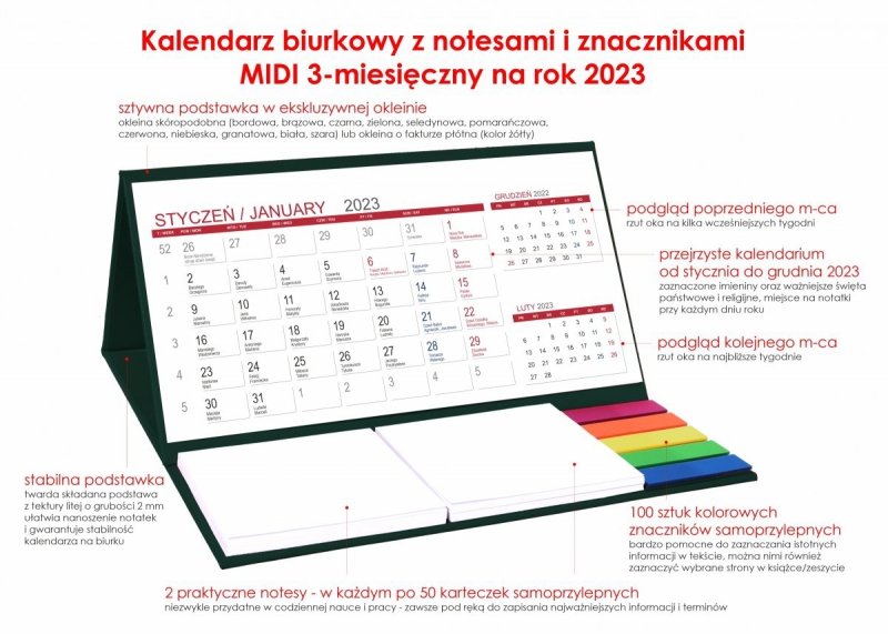 Kalendarz z notesami i znacznikami do postawienia na biurku na rok 2023
