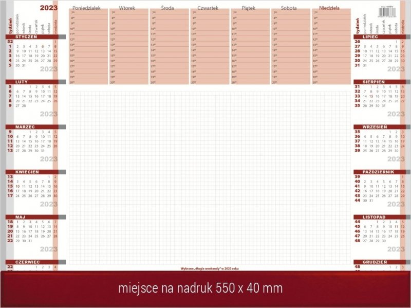 Biuwar duży A2 52-kartkowy BORDO Z LISTWĄ PCV 2023 z miejscem na nadruk
