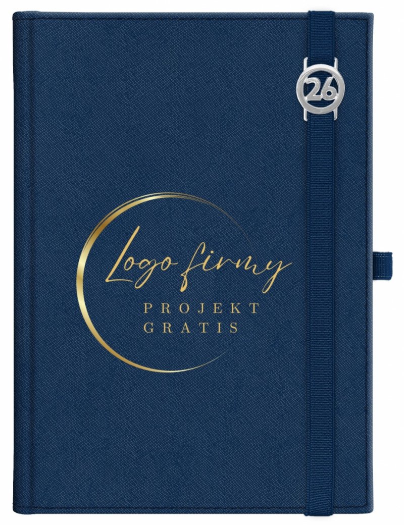 Kalendarz książkowy 2026 B5 dzienny papier chamois wycinane registry oprawa z zamykaniem na gumkę i mocowaniem na długopis ROSSA VIU granatowa Z NADRUKIEM LOGO