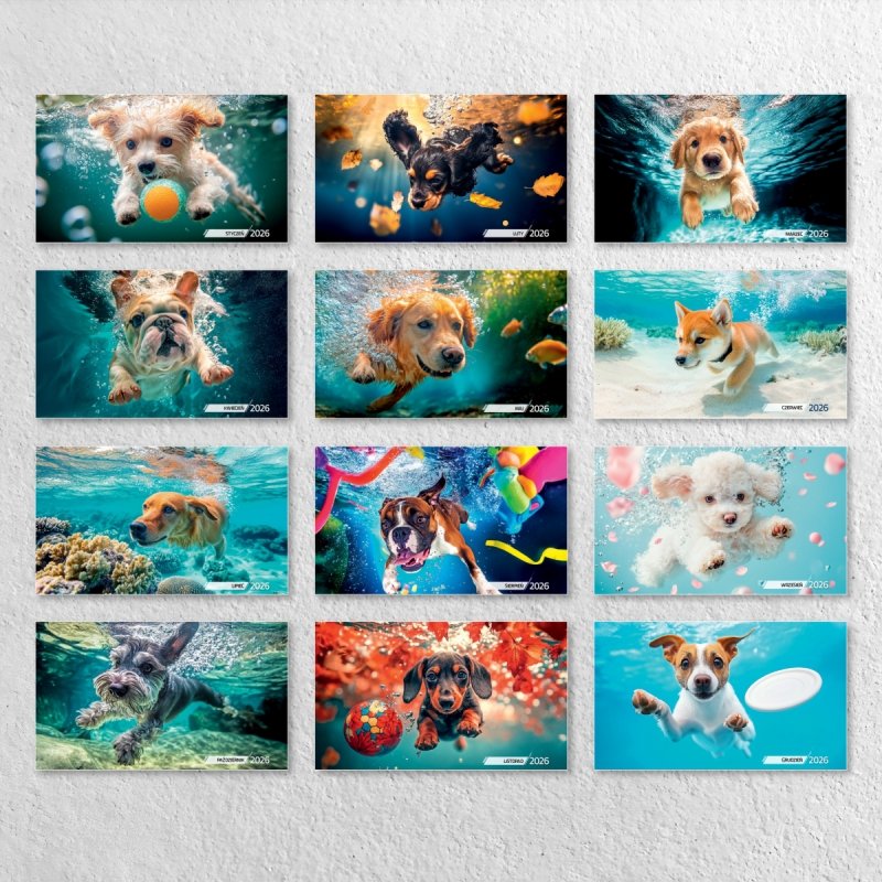 Kalendarz ścienny wieloplanszowy 33x33 cm PODWODNE PSIE PRZYGODY 2026