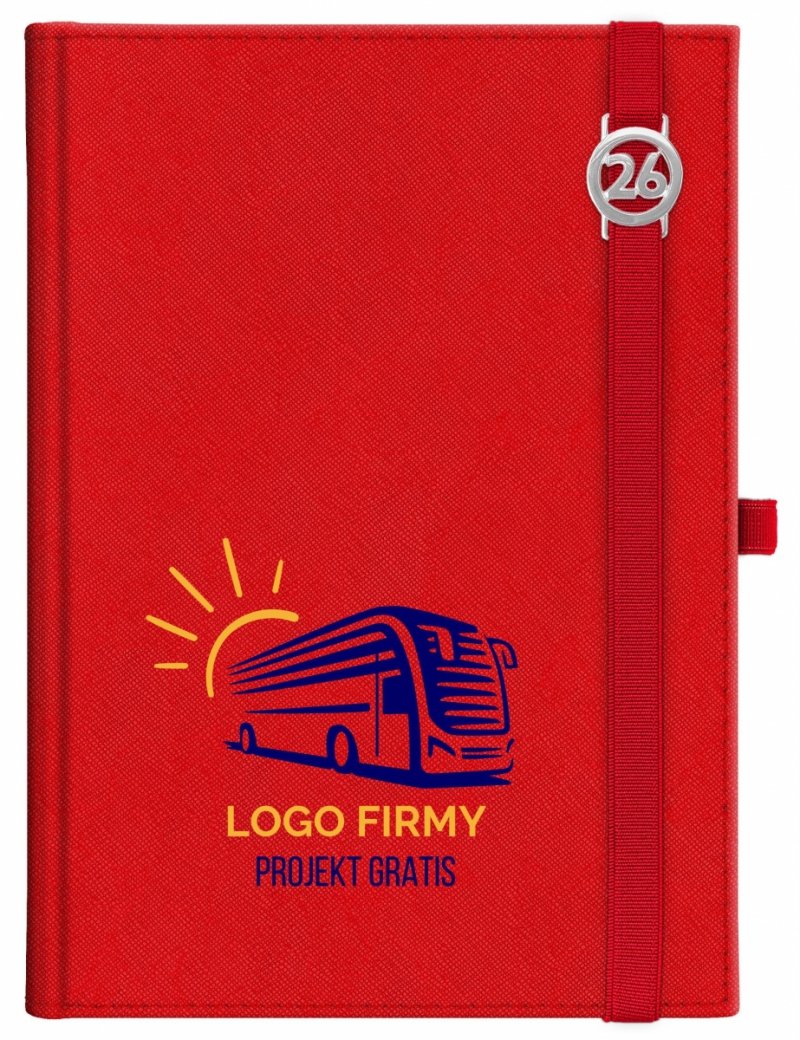 Kalendarz książkowy 2026 B5 dzienny papier chamois wycinane registry oprawa z zamykaniem na gumkę i mocowaniem na długopis ROSSA VIU czerwona Z NADRUKIEM LOGO