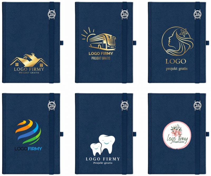 Kalendarz książkowy 2026 B5 dzienny papier chamois wycinane registry oprawa z zamykaniem na gumkę i mocowaniem na długopis ROSSA VIU granatowa Z NADRUKIEM LOGO