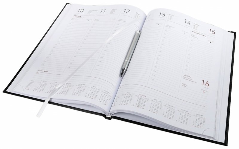 Kalendarz książkowy 2026 A4 tygodniowy papier biały drukowane registry oprawa ALUMINIUM czarna