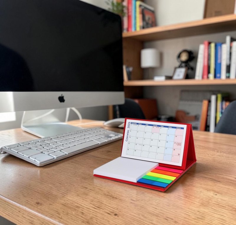 kalendarz do postawienia na biurku z notesami i znacznikami na rok szkolny 2026/2027
