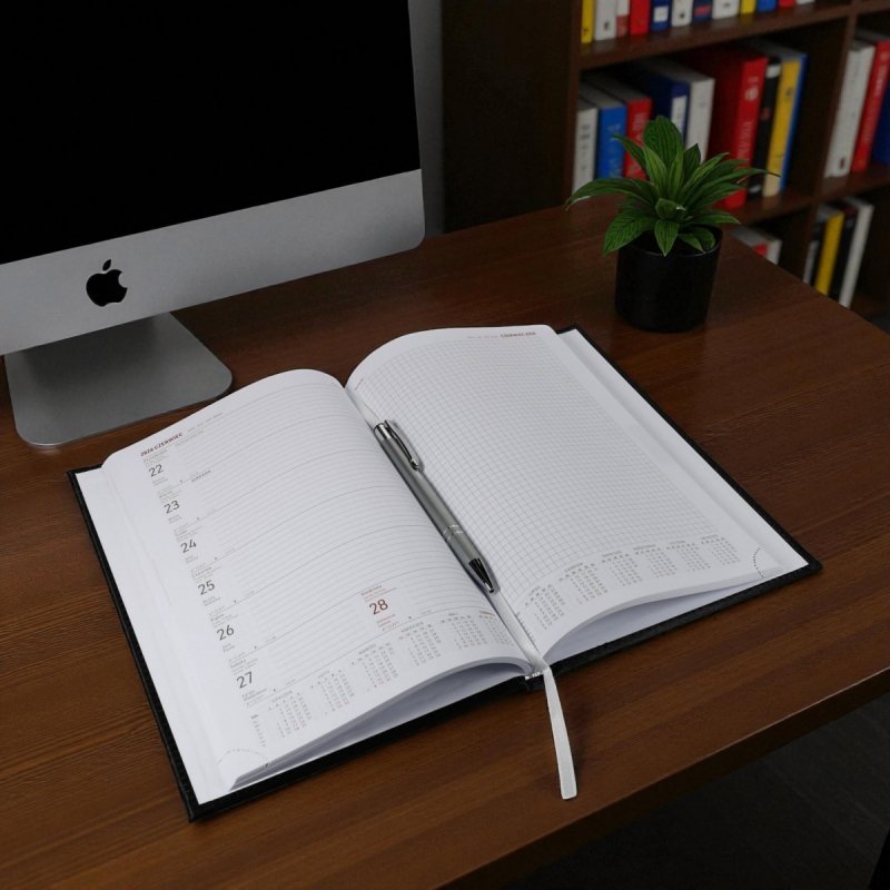 Kalendarz książkowy 2026 A4 TYGODNIOWY Z NOTESEM papier biały drukowane registry oprawa ALUMINIUM szara