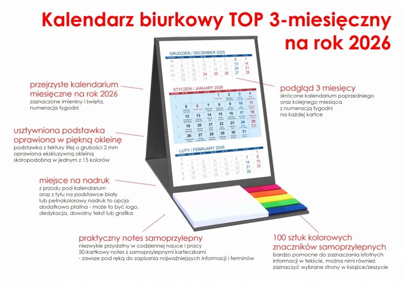 Kalendarz biurkowy z notesem i znacznikami TOP 3-miesięczny 2026 szary