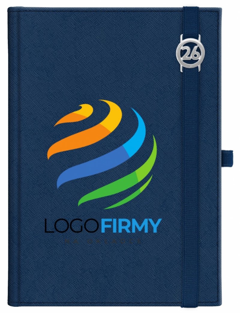 Kalendarz książkowy 2026 A5 dzienny papier chamois wycinane registry oprawa z zamykaniem na gumkę i mocowaniem na długopis ROSSA VIU granatowa Z NADRUKIEM LOGO