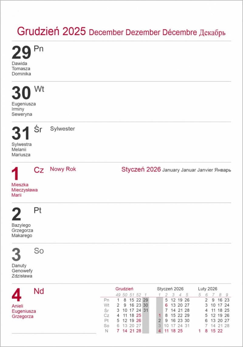 kalendarz biurkowy stojący na rok 2025 