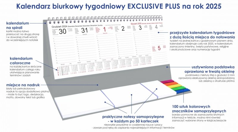 Kalendarz biurkowy stojący na podstawce - kalendarium tygodniowe na rok 2025