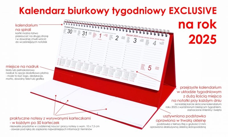 Kalendarz biurkowy stojący na podstawce - kalendarium tygodniowe na rok 2025