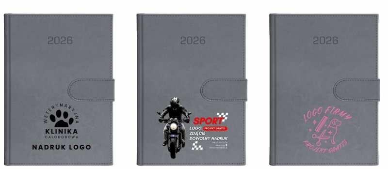 Kalendarz książkowy 2026 A4 dzienny papier biały drukowane registry oprawa zamykana na magnes MAGNESIAN Z NADRUKIEM LOGO