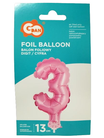 BALONY FOLIOWY 13CM NA PATYCZKU CYFRA 3 różowa 