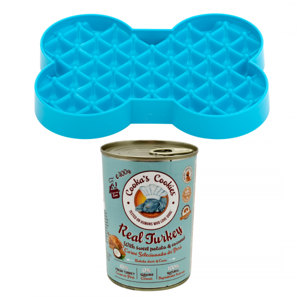 ZESTAW! Cooka’s Cookies REAL TURKEY Karma mokra dla psów z indykiem 400g + Miska slow food spowalniająca jedzenie SMALL SLODOG® turkusowa