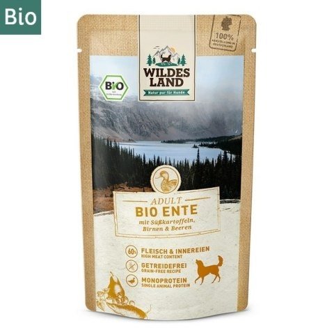 WILDES LAND DOG Karma mokra dla psa BIO Ente - bio kaczka z batatami, gruszką i jagodami (125g)