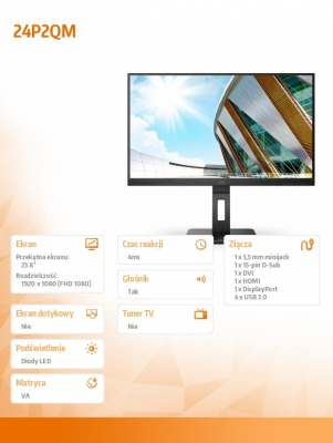 Monitor AOC 24P2QM (23.8&quot; /VA /75Hz /1920 x 1080 /Czarny)