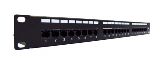 Patch panel 19&quot; 24 porty, kat.6, U/UTP, 1U, wspornik kablowy, czarny (kompletny)