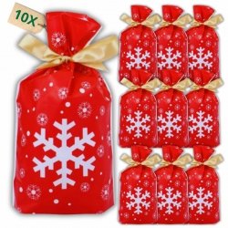 Woreczki świąteczne foliowe ze śnieżynkami XL 10 sztuk z wstążką