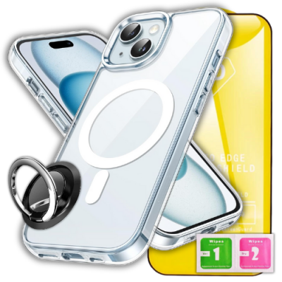 Etui ochronne 3w1 do iPhone 15 z uchwytem ring i szkłem 9H – zestaw Clear 360°