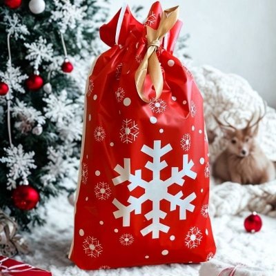 Woreczki świąteczne foliowe ze śnieżynkami XL 10 sztuk z wstążką